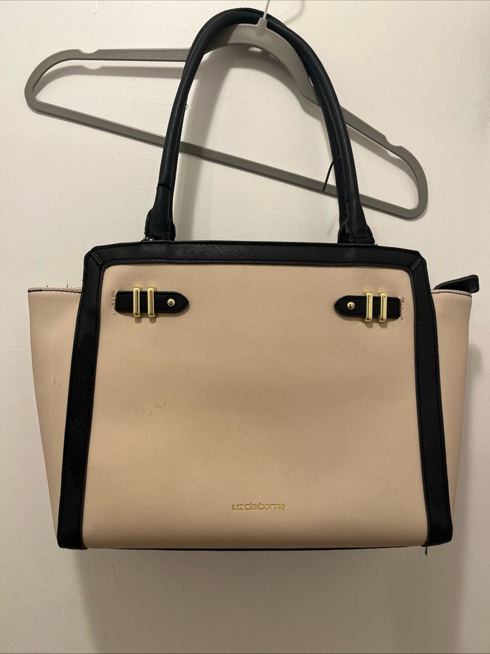 Liz Claiborne Beige and Black Satchel with Gold Accents